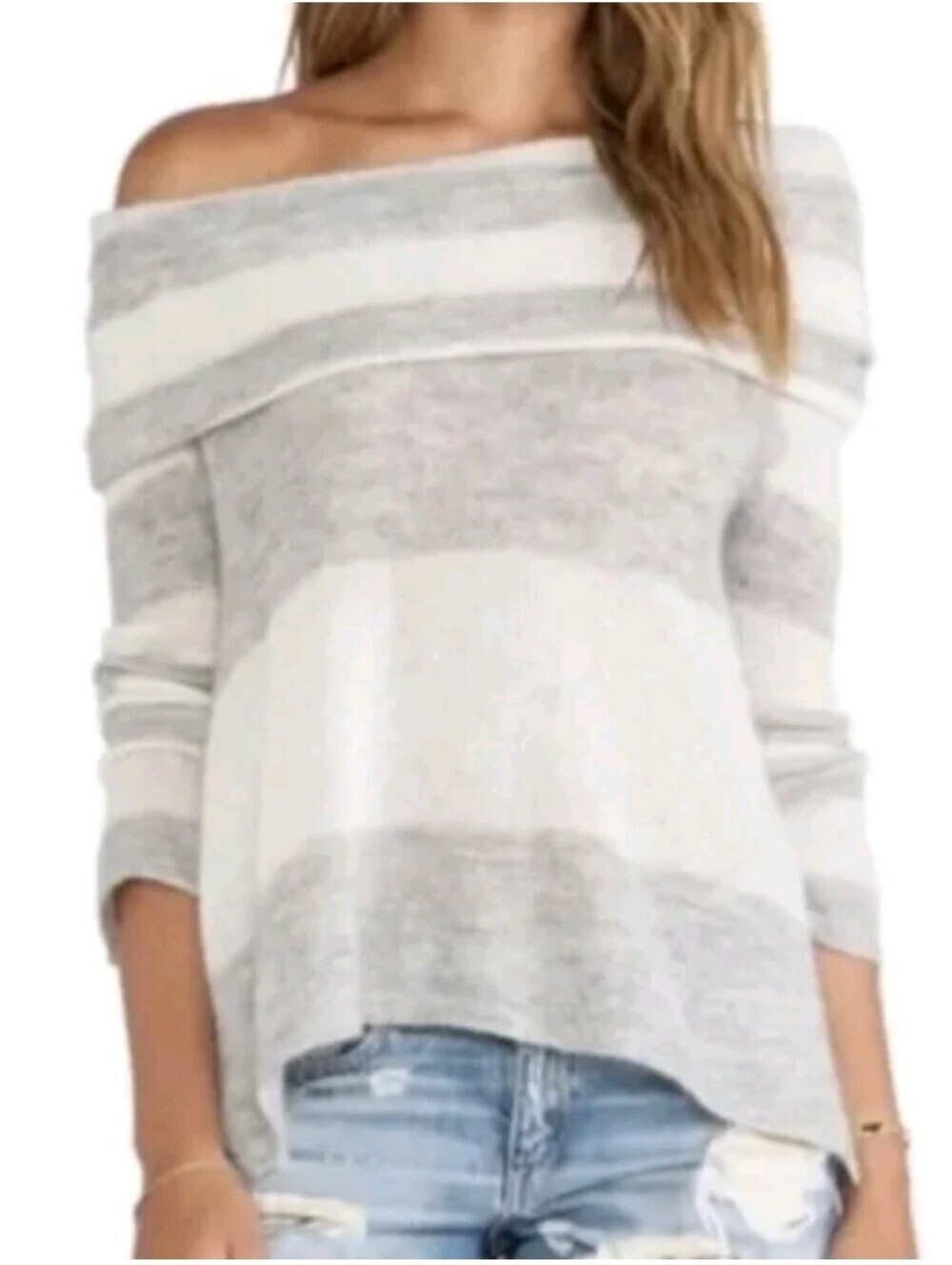 Free People Off-the-Shoulder Striped Sweater in Gray & White Size L!